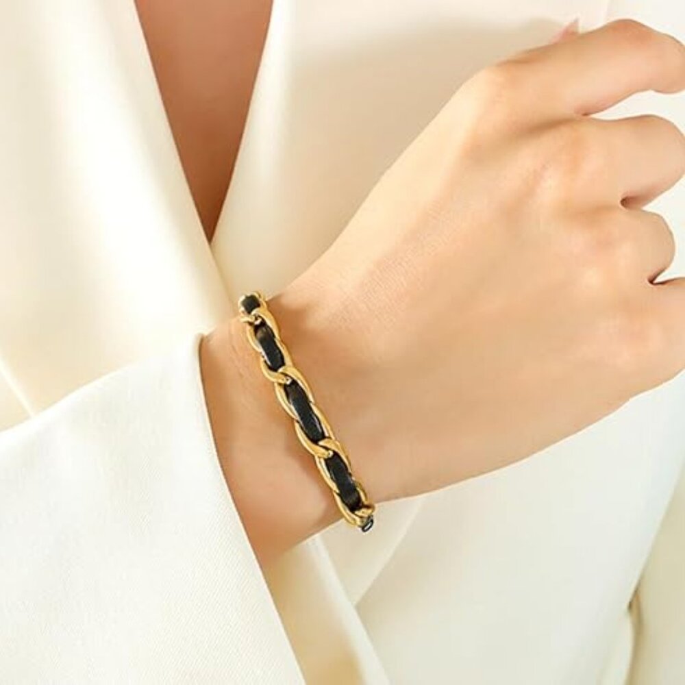 Neiman Marcus 18K Gold Plated Leather Braided Bracelet